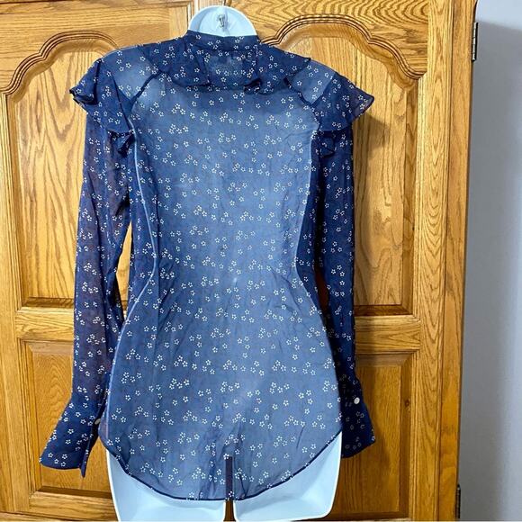 Veronica Beard Finley Silk Ruffle Tie Neck Blouse Dark Blue Floral Women’s Sz 0 - Picture 11 of 16